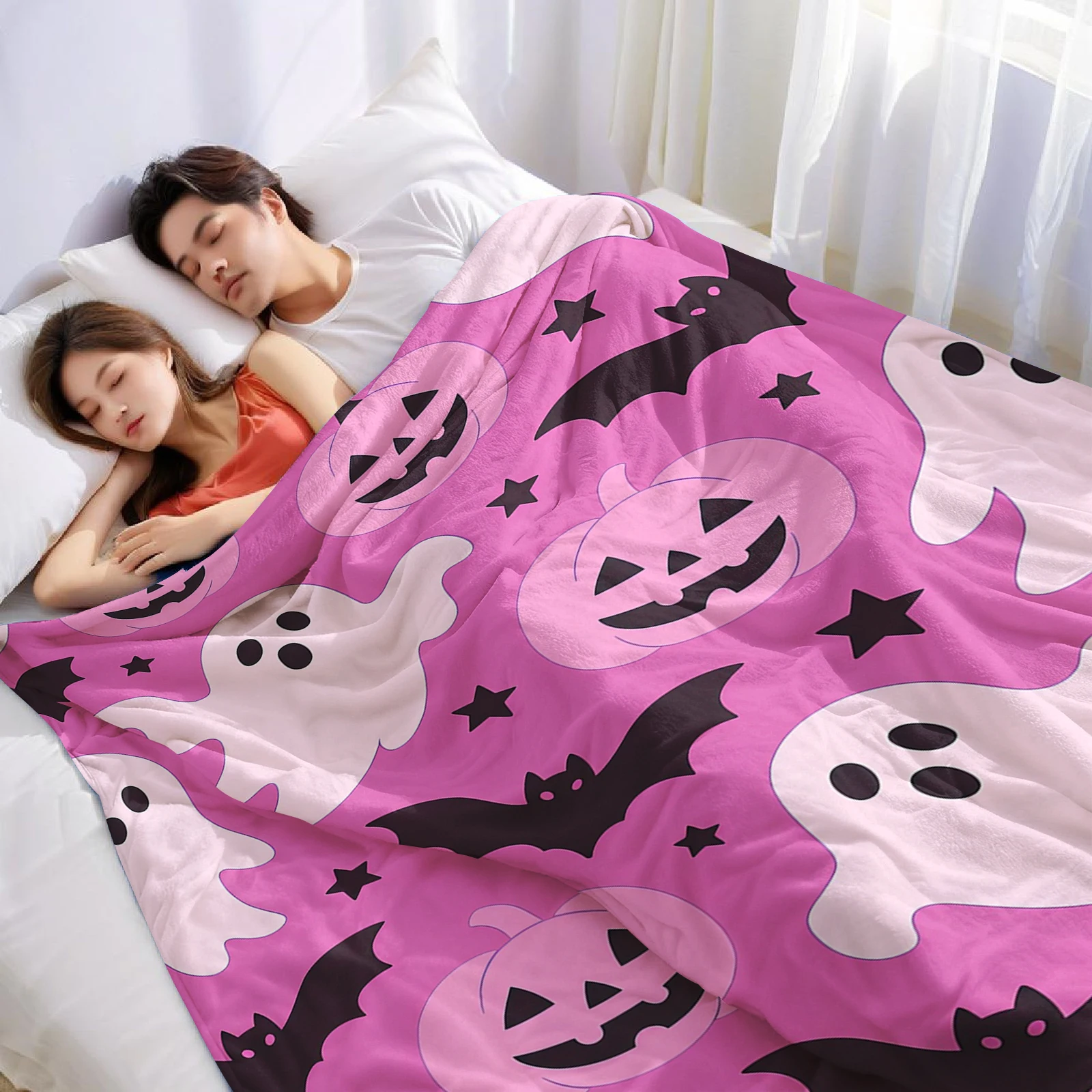 Pink Pumpkin Ghost Bat Lightweight Microfiber Soft Christmas Fleece Blanket Warm Cozy Throw for Sofa Office Travel All Season
