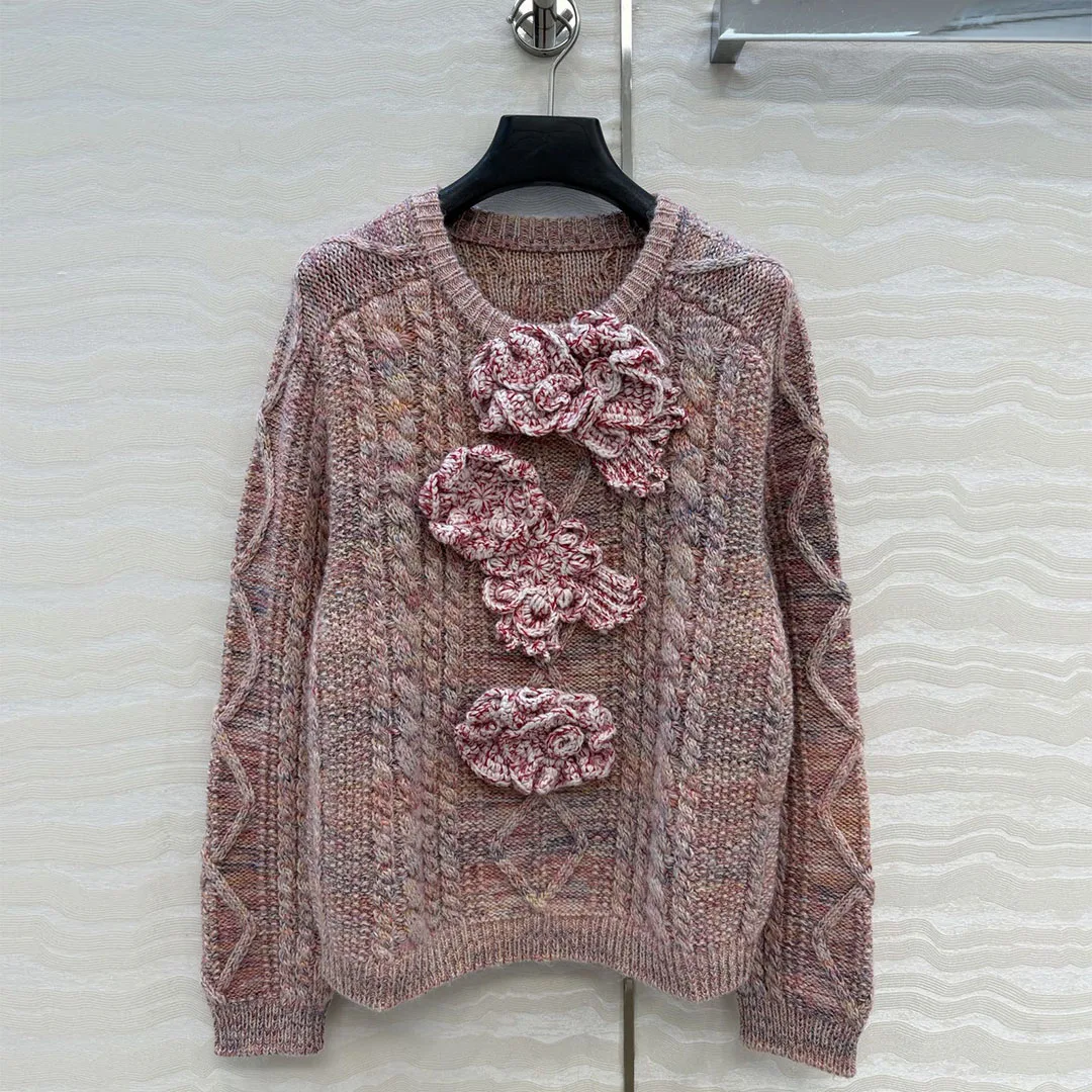 

Новый модный вязаный свитер из шерсти с жаккардовым узором и цветами, женский, с круглым вырезом, длинным рукавом, повседневный, винтажный, розовый, 2026