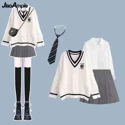 New Preppy Style Knit Tops White Shirt with Tie Mini Pleated Skirts 1 or 3 Piece Set Women Spring Autumn Clothing Outfits 2024