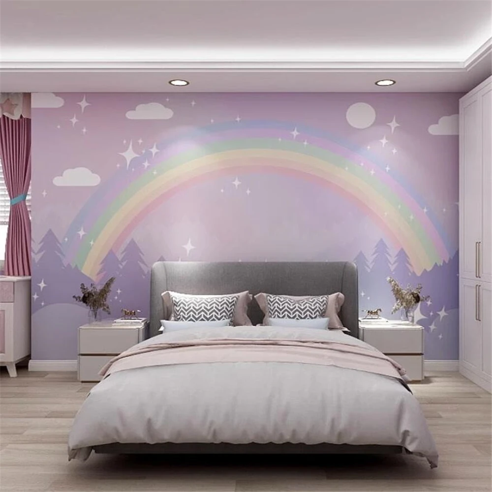 

Настенные обои на заказ для детской комнаты, фиолетовое облако, радуга, наклейка на стену, обои для девочек, спальни, комнаты принцессы, ТВ-фон