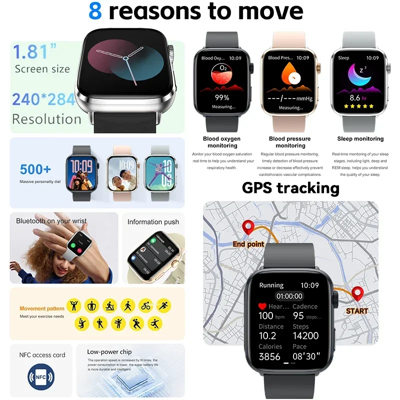 2025 New Men's Sport Fitness Smart Bracelet 1.81“ AMOLED Screen NFC Bluetooth Call GPS Heart Rate Tracker Waterproof For Redmi