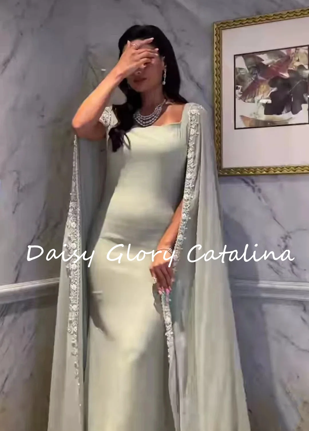 Vestidos de graduación con mangas de capa elegantes de Arabia, cuello cuadrado, flores, encaje, longitud hasta el tobillo, vestidos de noche simples, vestido de fiesta Formal para ocasiones