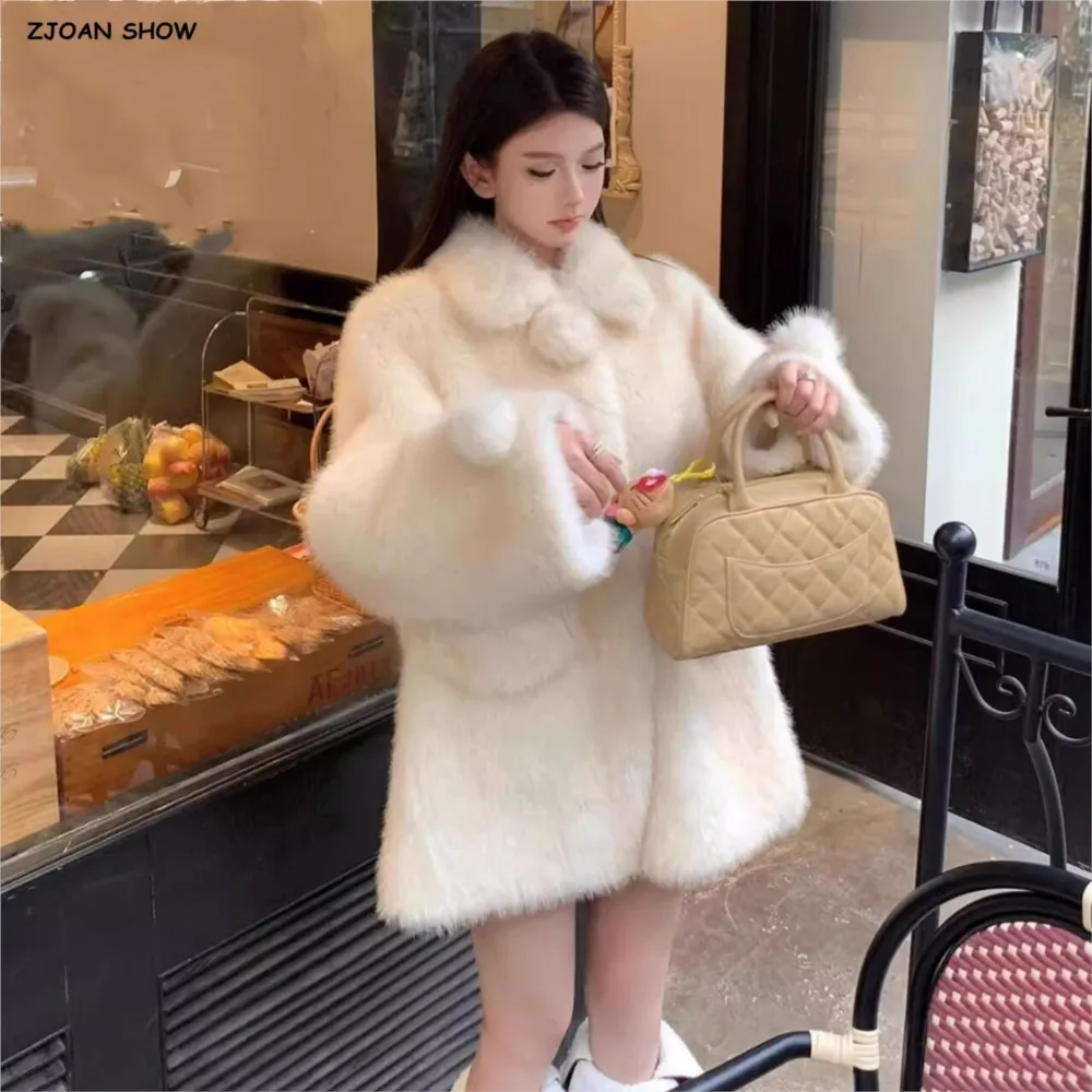 Winter Creamy-White Hairy Shaggy Faux Fur Coat Ball Lapel Collar Full sleeve Furry Faux Fur Outerwear Party Long Outercoat