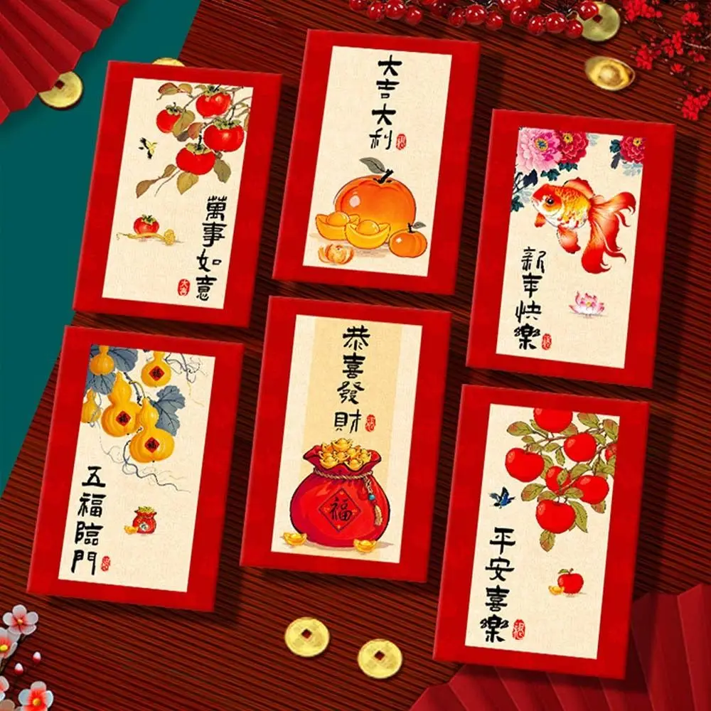 6pcs Oil Painting Style Chinese New Year Red Envelopes Traditional Blessing Red Pocket Thickened Hongbao Money Packet Bonus