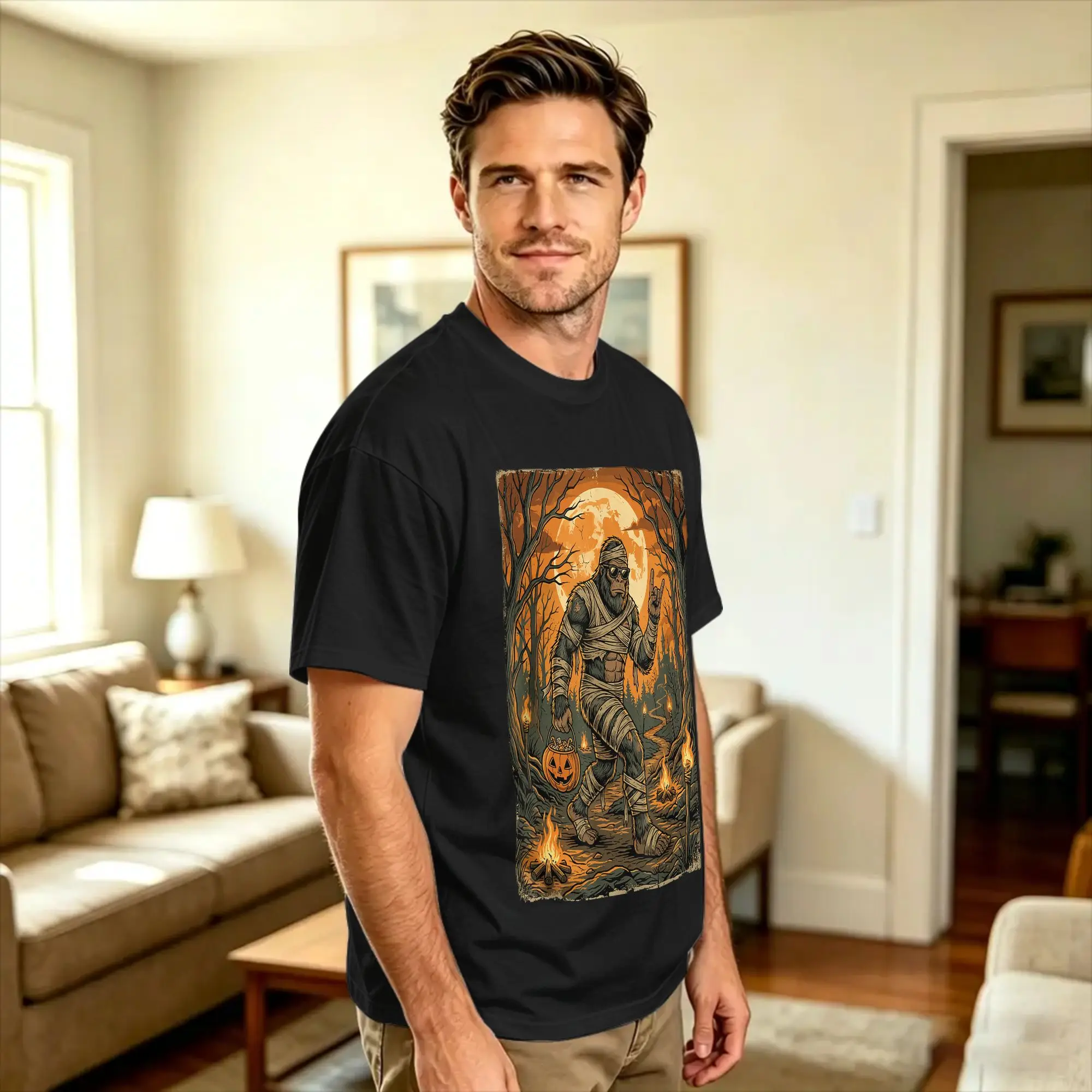 Vintage T Shirt Summer Mummy Bigfoot Halloween Pumpkin Sunglasses Spooky Moon Leisure T-Shirts  100% Cotton Tshirt for Male
