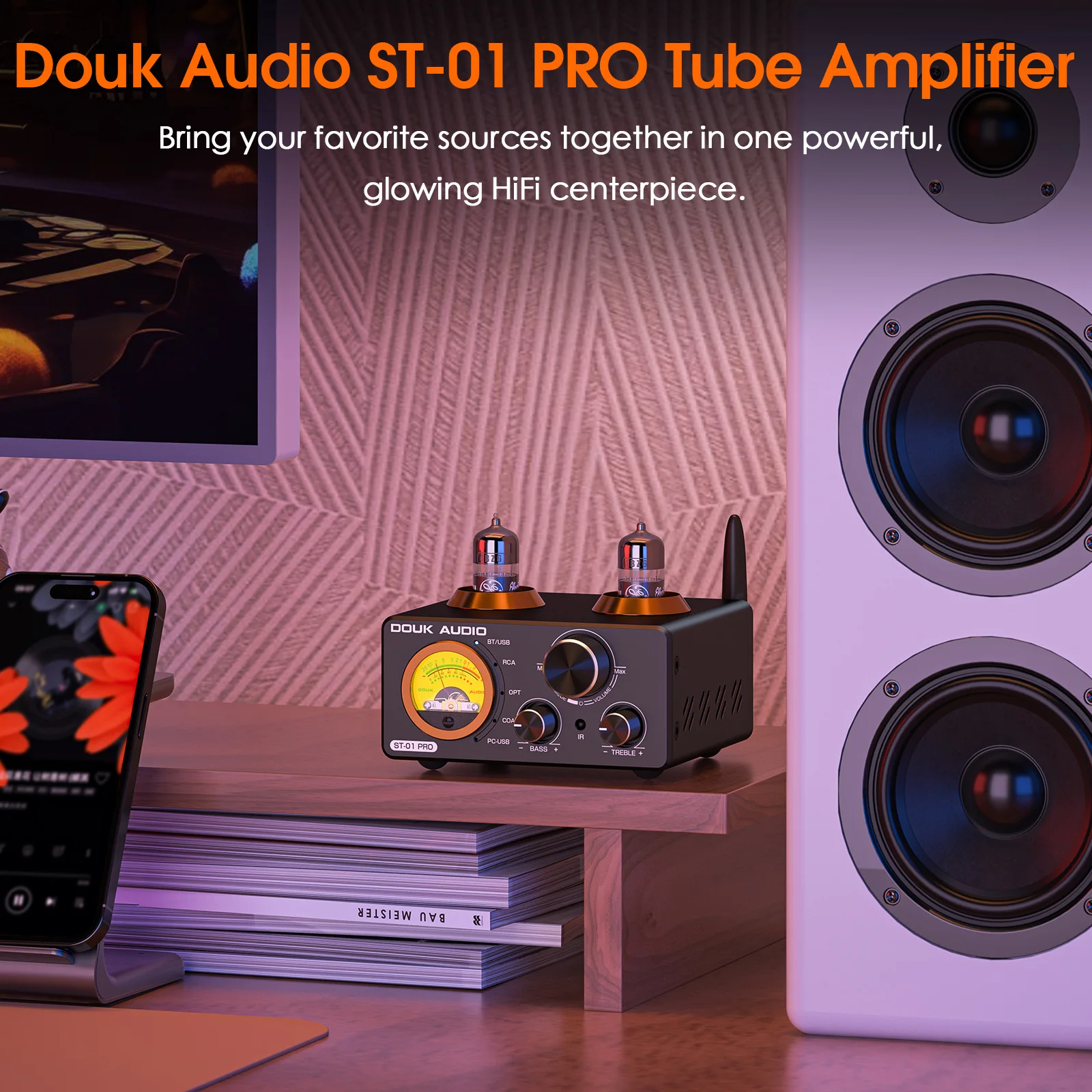 Douk Audio HiFi Bluetooth 5.0 Vacuum Tube Amplifier USB DAC Stereo Receiver COAX/OPT Home Audio Digital Amp W/VU Meter 100W+100W