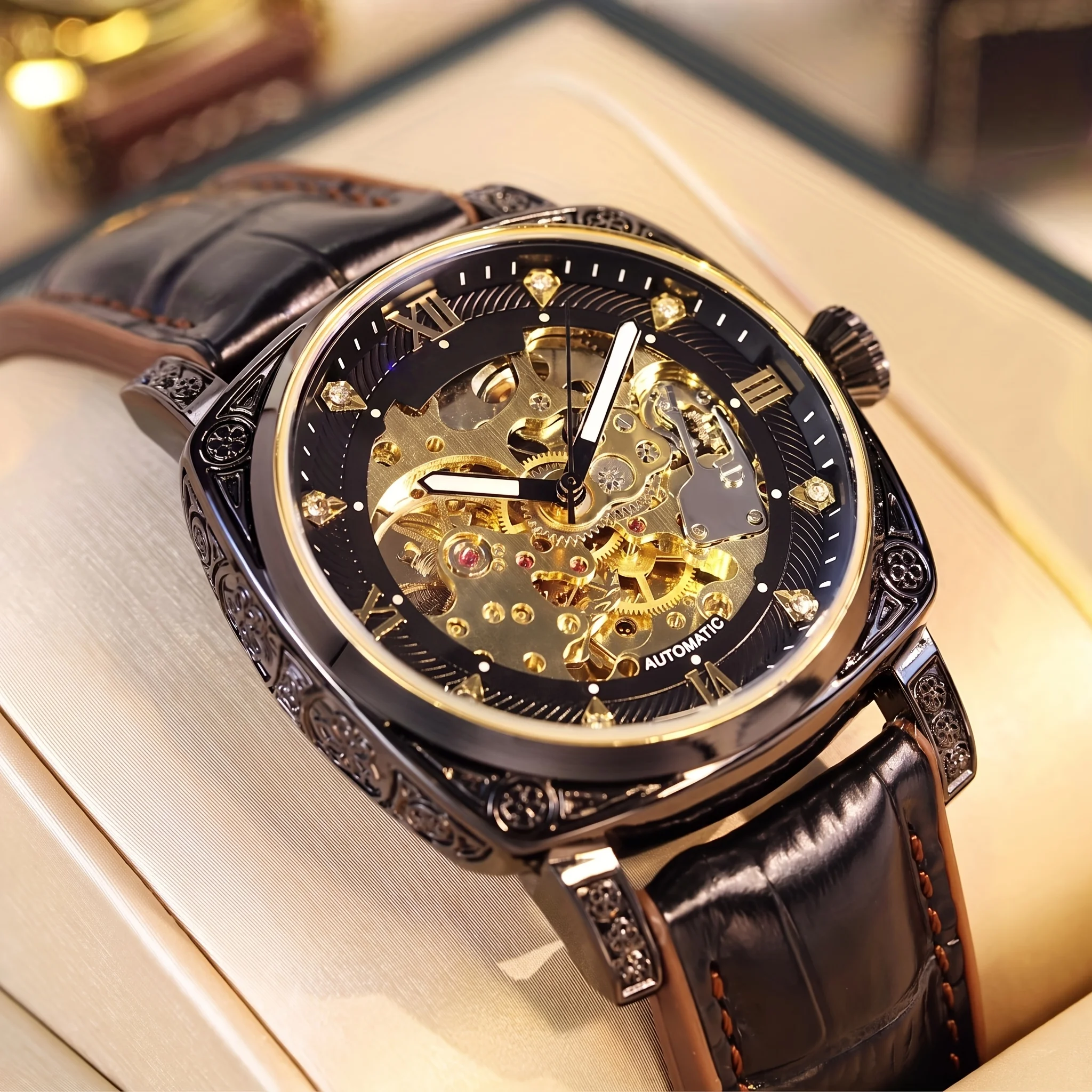1pc Youth Men's Yellow Green Tape Gorgeous Style Fashion Studded Luminous Hollow Mechanical Watch
