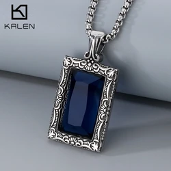 Hip Hop Personalized Black Gemstone Rectangle Pendant Necklace For Men Vintage Stainless Steel Charm Pendant Gift Trendy Jewelry