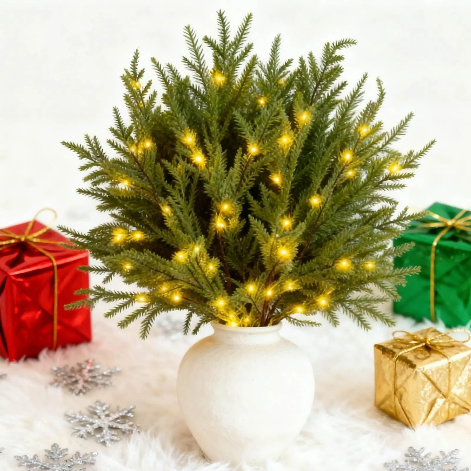 5 قطعة نباتات اصطناعية لعيد الميلاد فروع الصنوبر مع أضواء جذع الصنوبر الشمالي الواقعي للمزهرية الخضرة الاصطناعية طويلة الأمد