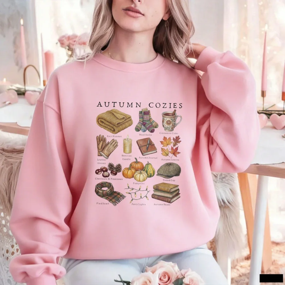 Autumn Cozies Graphic Printed Crewneck Sweatshirt Watercolor Fall Essentials Knit Blanket Pumpkin Scarf Book Pullover for Women
