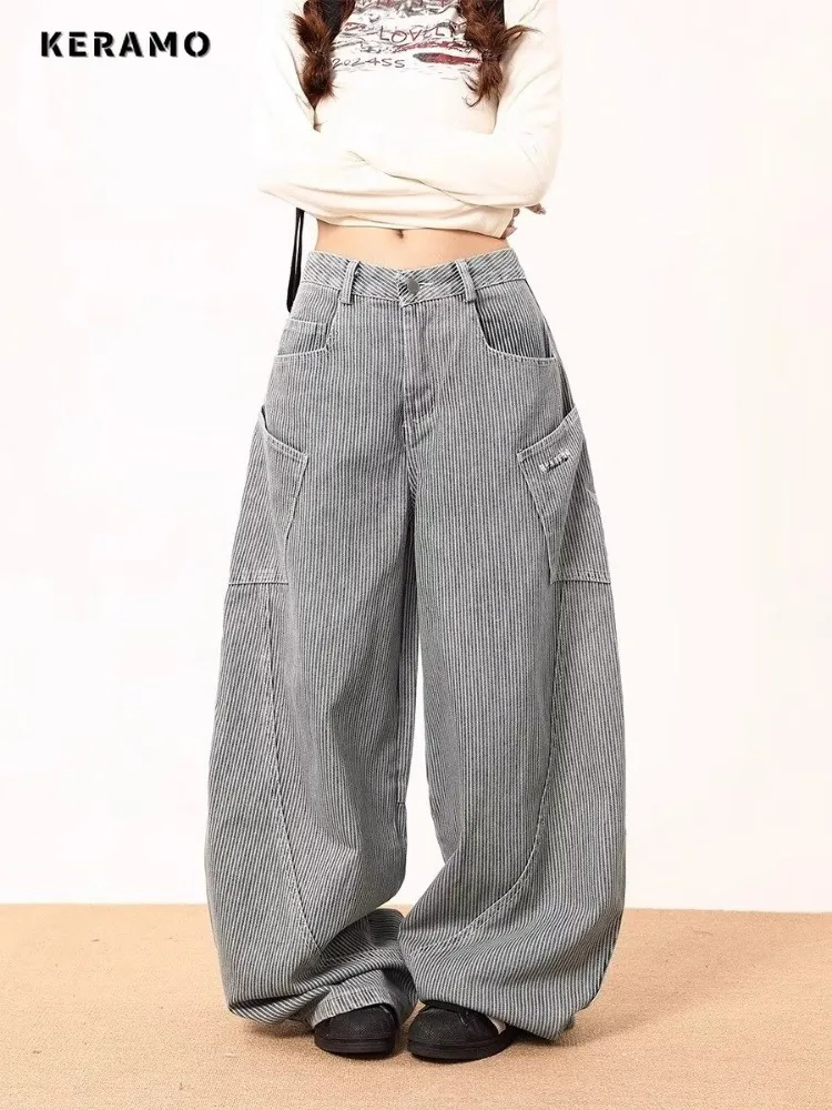 

Женские повседневные винтажные уличные джинсы Harajuku Y2K, зима 2029, брюки полной длины, мешковатые джинсовые брюки в полоску в эстетическом стиле