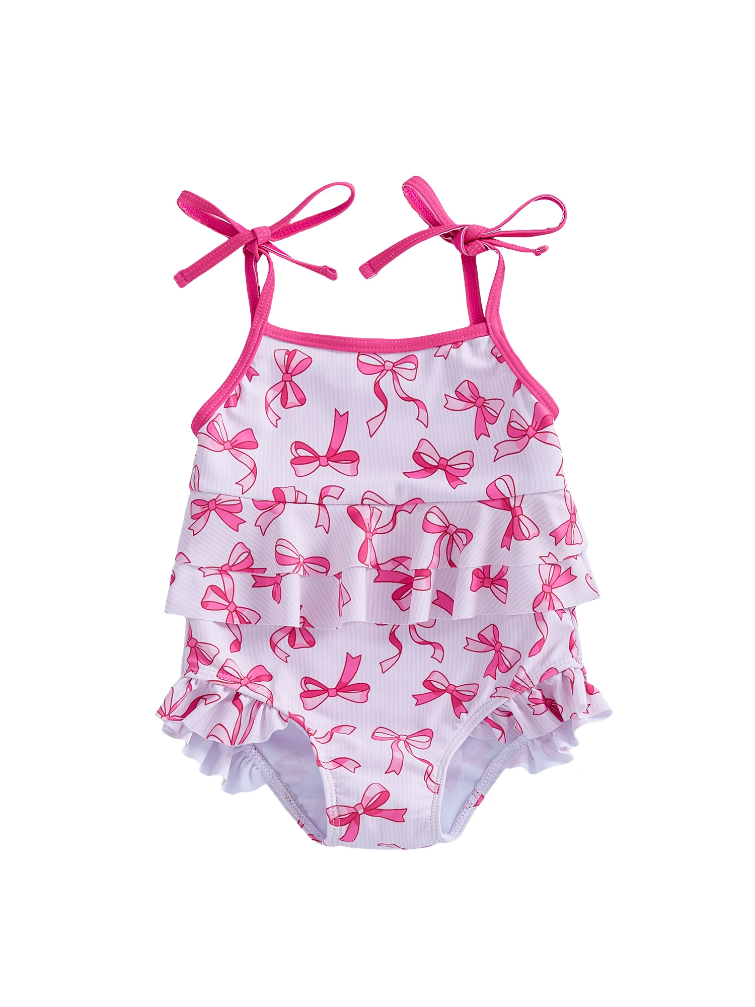 ملابس سباحة لطيفة بطبعات زهور مع حواف مكشكشة وتفاصيل فيونكة للفتيات الصغيرات - ملابس بحر للفتيات الصغيرات بدون أكمام مع