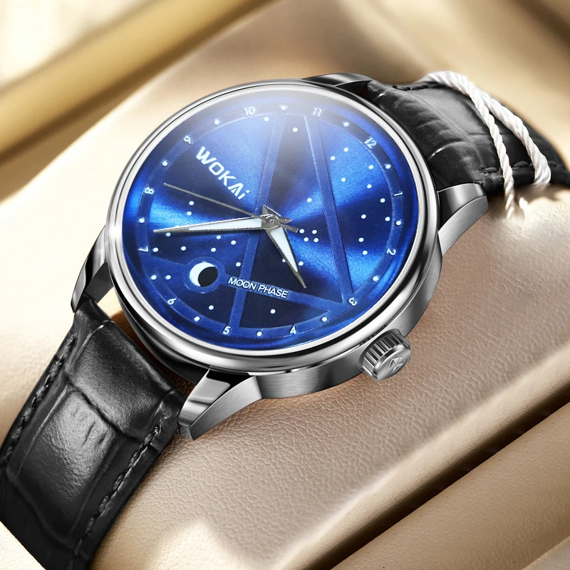 WOKAI high quality fashion blue constellation men\'s leather belt quartz watch men\'s business sports clock simple retro