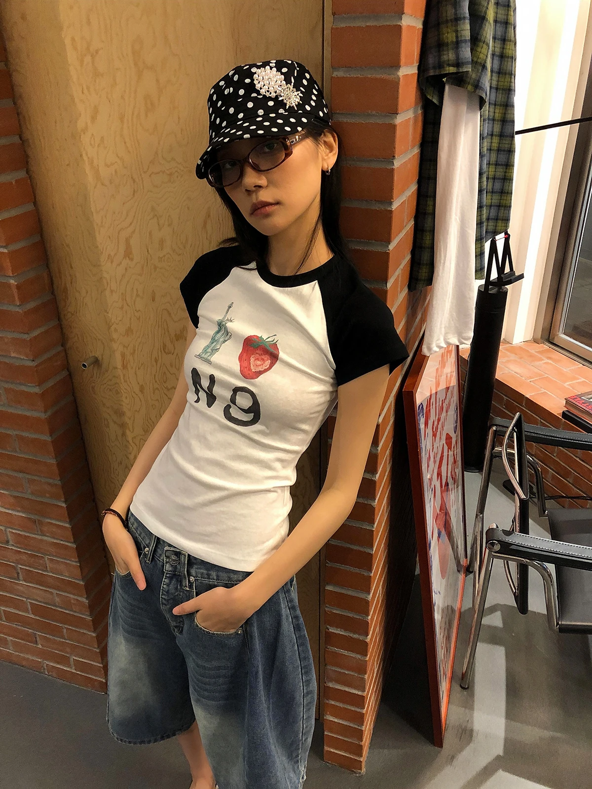Sakura Millennial Style Hot Girl Hand-Painted Strawberry Short Sleeve round Neck T-Shirt Slimming Casual Cotton Blend Top