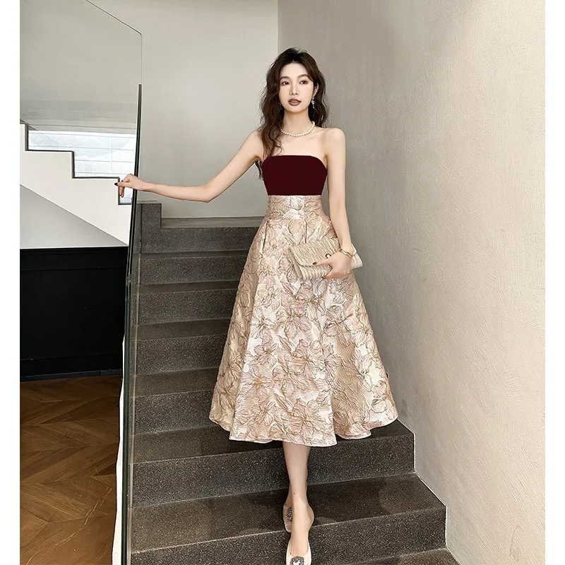 

Элегантное вечернее платье средней длины без бретелек, женское новое длинное платье трапециевидной формы на шнуровке, бархатные жаккардовые платья для выпускного вечера