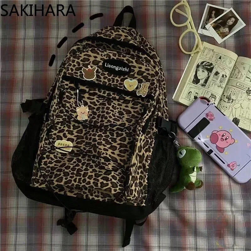 حقيبة ظهر Gothic Leopard All Match Y2k لطلاب الجامعات الكورية ذات سعة كبيرة كاجوال برباط مقاوم للماء من القماش Mochila