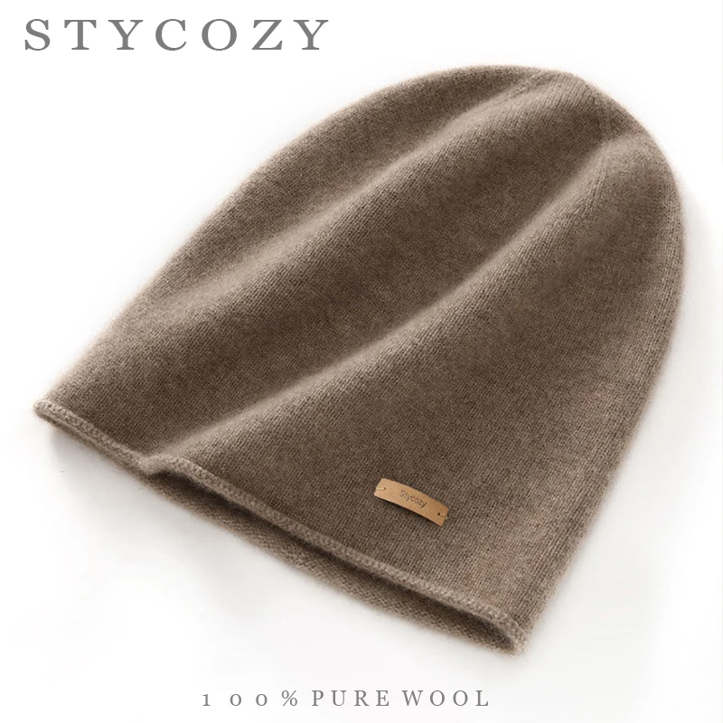 Women/Men100% Merino Wool Beanie Unisex Roll Edge Plain Solid Knit Hat Winter Soft Thermal Basic Hedging Cap For Daily Casual