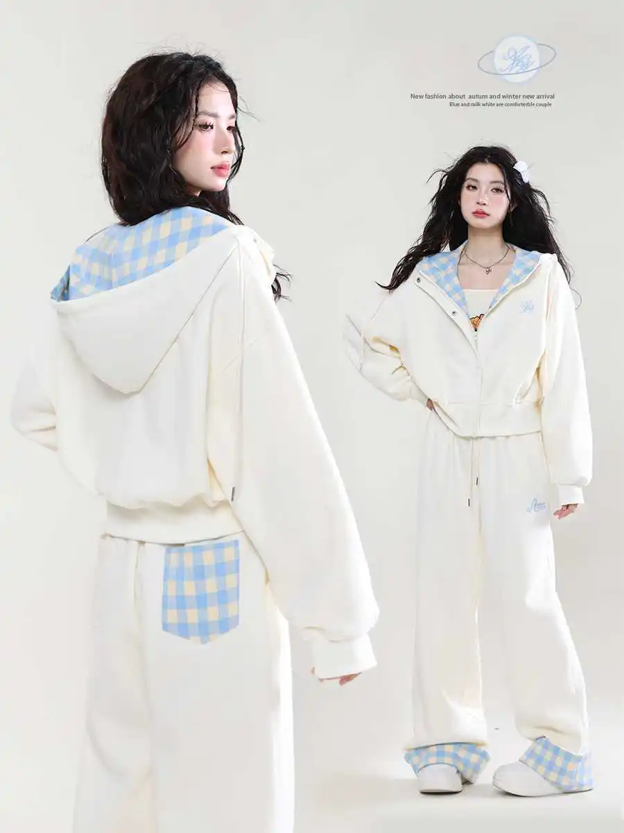 

Sweet Loose Plaid Casual Long Sleeves Zip Up Hoodie + High Waisted Drawstring Pants Two Piece Sets Womens Outifits Y2k Suits