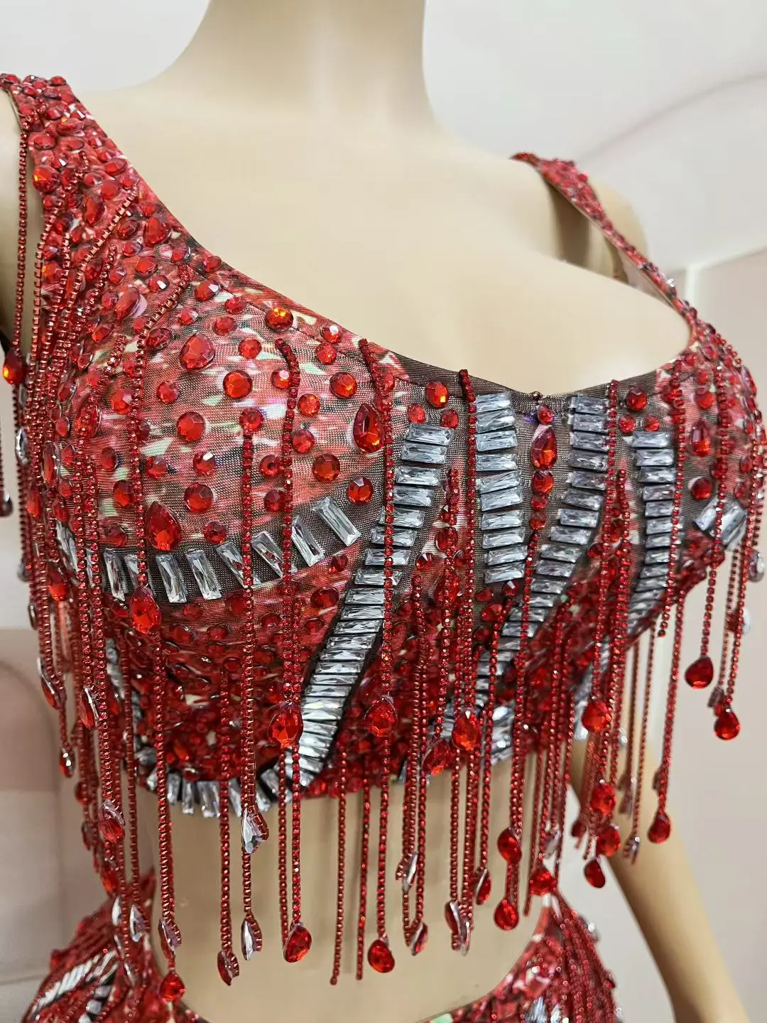 

Night Party Show Mini Skirt Crop Top 2Piece Set Sexy Spicy Girl Sparkling Rhinestone Tassel Stage Outfit Singer gig Wear Caodi