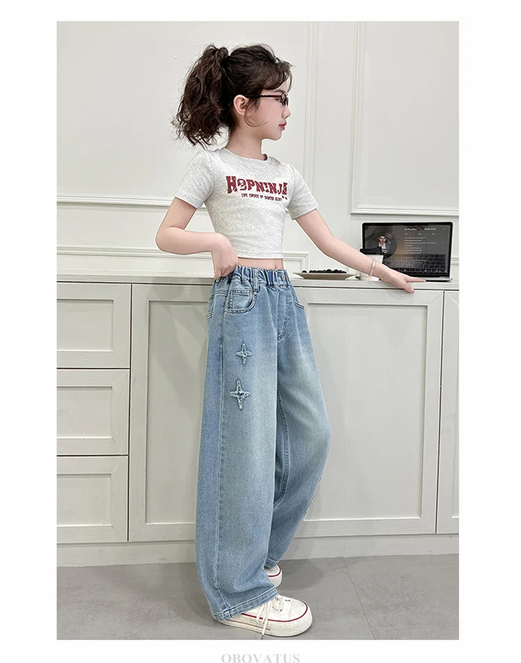 Neue Modische Kinderjeans mit Sternenmuster für Mädchen, Stylische Gerade Denim-Hosen, Lässige Jeans für Kinder und Teenager – Detail 6