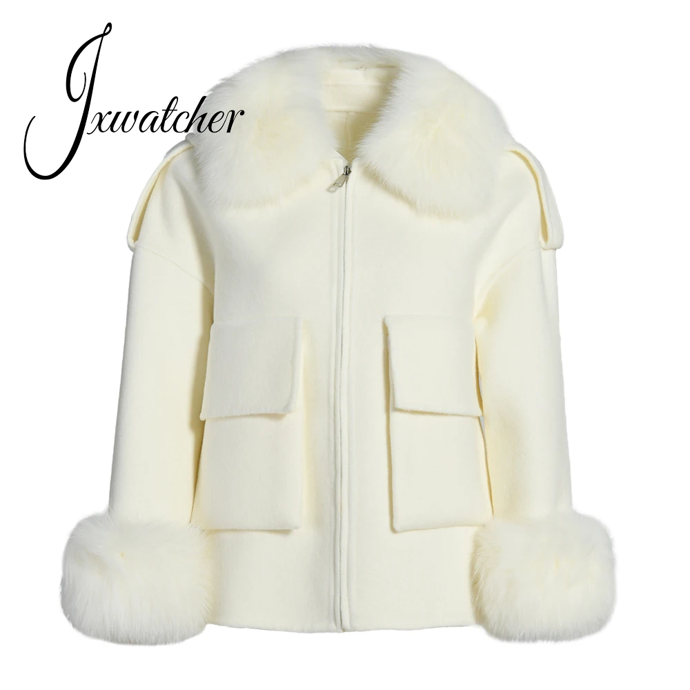 Jxwatcher Real Fur Coat High Quality Double Face Wool Coat Ladies Fall Winter Fashion Wool Jacket Real Fox Fur Collar Cuffs New