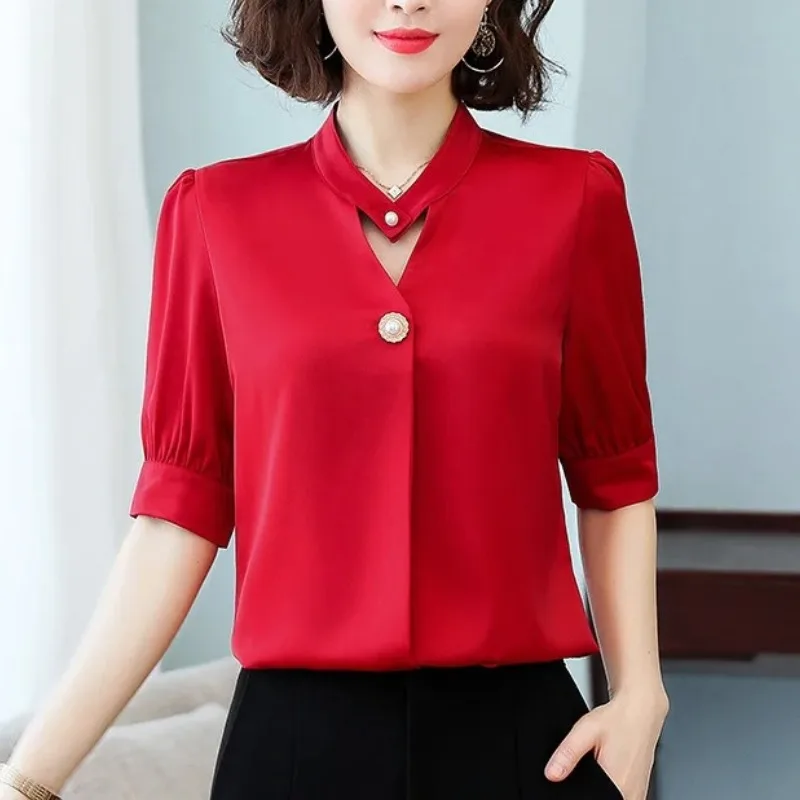 Solid Color Crew Neck Summer Women\'s Pullover Button Chiffon Hollow Out T-shirt Casual Elegant Fashion Party Half Sleeve Tops