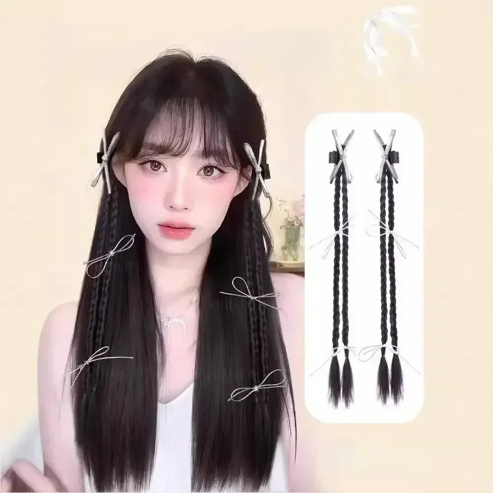 Aksesori rambut wanita, wig sintetis pita balet, simulasi rambut poni ganda, kepang putri manis keren