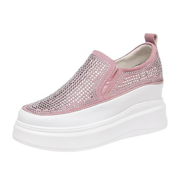 

2026 New 7cm Autumn Fashion Real Leather Rhinestone Shoes Woman Thick Sole Internal Elevation Shoes Wedges High Heels Tide