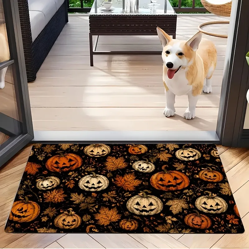 Dark Halloween Doormat Scattered Grinning Pumpkin Maple Leaf Print for Indoor Hallway Seasonal Holiday Home Accent Floor Carpet