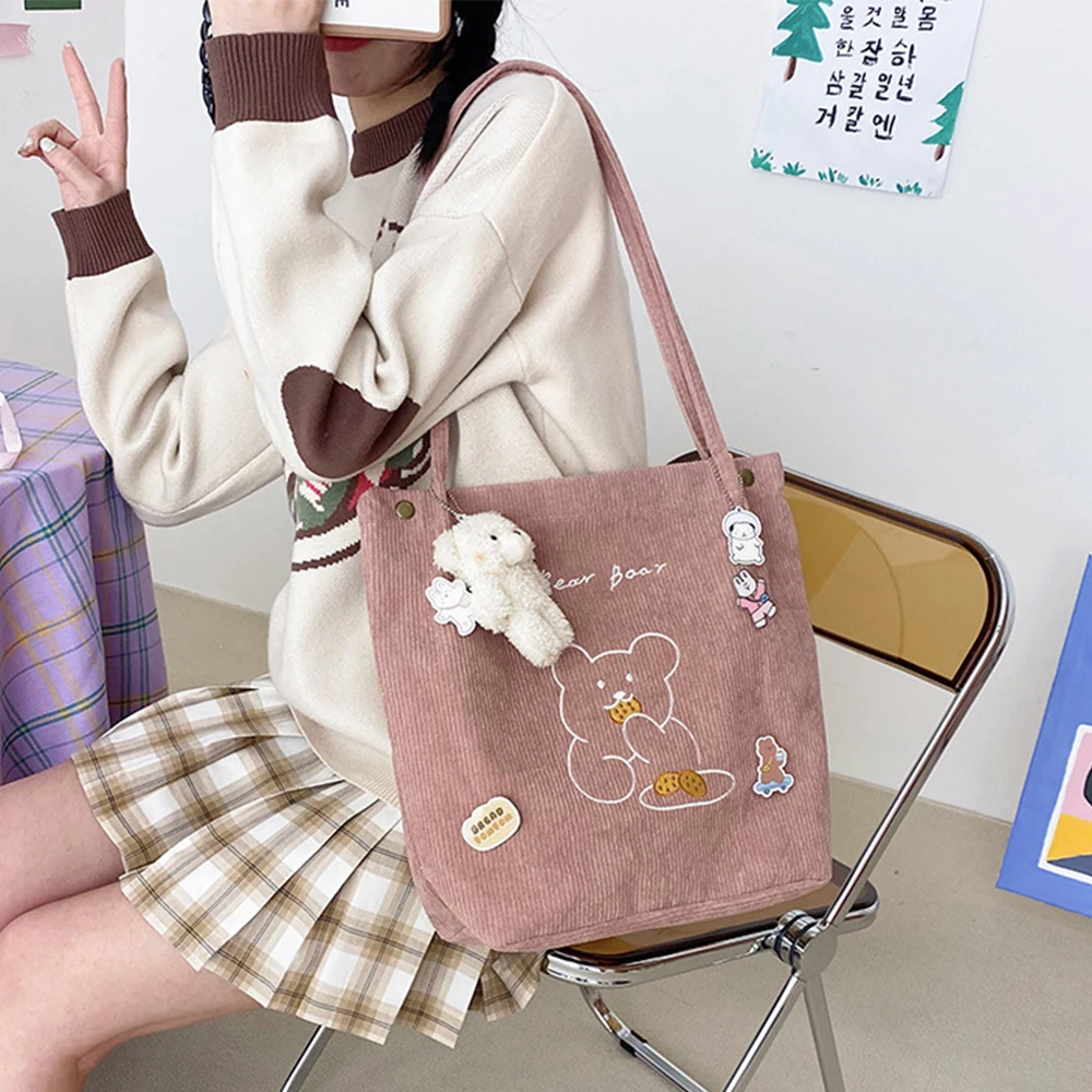 Canvas Women Canvas Shoulder Bag Warm Plush Cloth Fabric Cute Bear Handbag Soft Tote Large Capacity Shopping Bags For Ladies