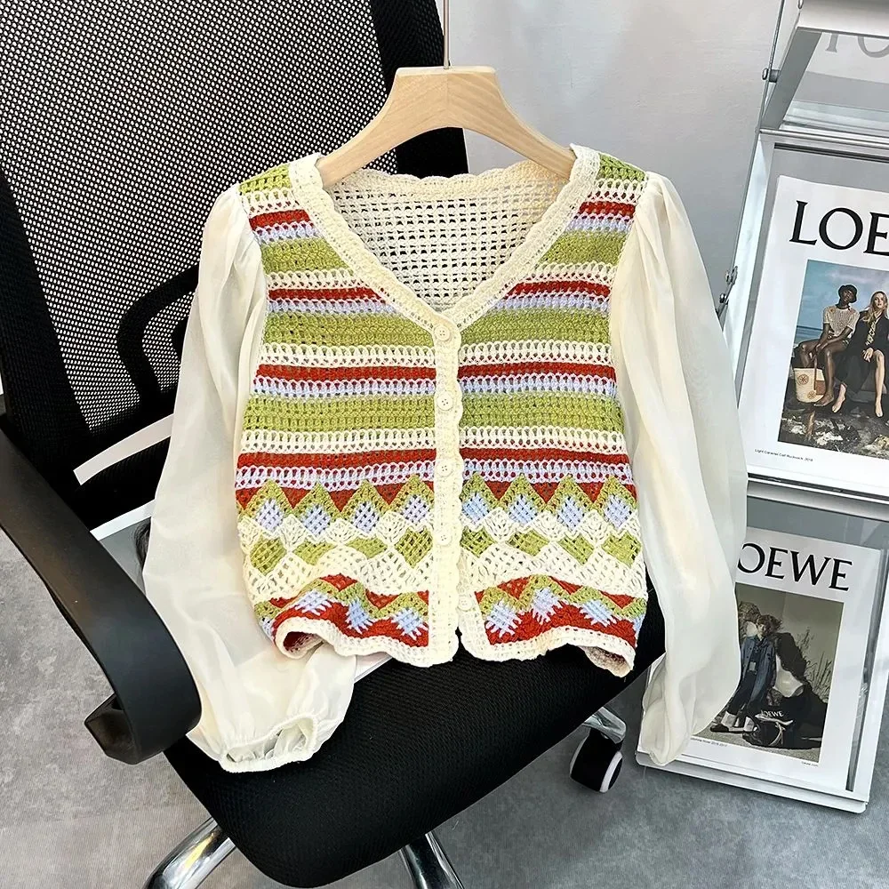 Women Crochet Top Boho Multicolor Striped Chiffon Sleeve Button Front Open-knit Blouse Fairycore Spring Summer Beach Wear