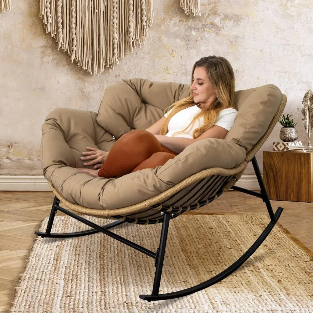 Oversized Weather-Resistant Wicker Egg Rocking Chair with Cushion, Suitable for Indoor and Outdoor Use, Supports Up to 450lbs