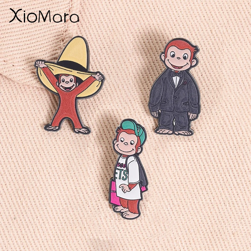 Curious George Enamel Pins Cartoon Children's Picture Book Cute Monkey Brooches Lapel Badge Jewelry Gifts for Kids Friends