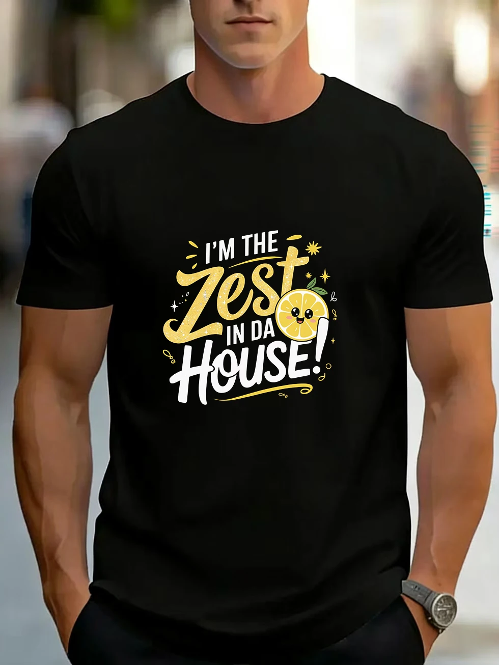 Men's Short-Sleeved T-Shirt with Skull, Cigar, Trendy Font, Lemon Slice, Cartoon Design, Unisex Couple Style, Pure Cotton