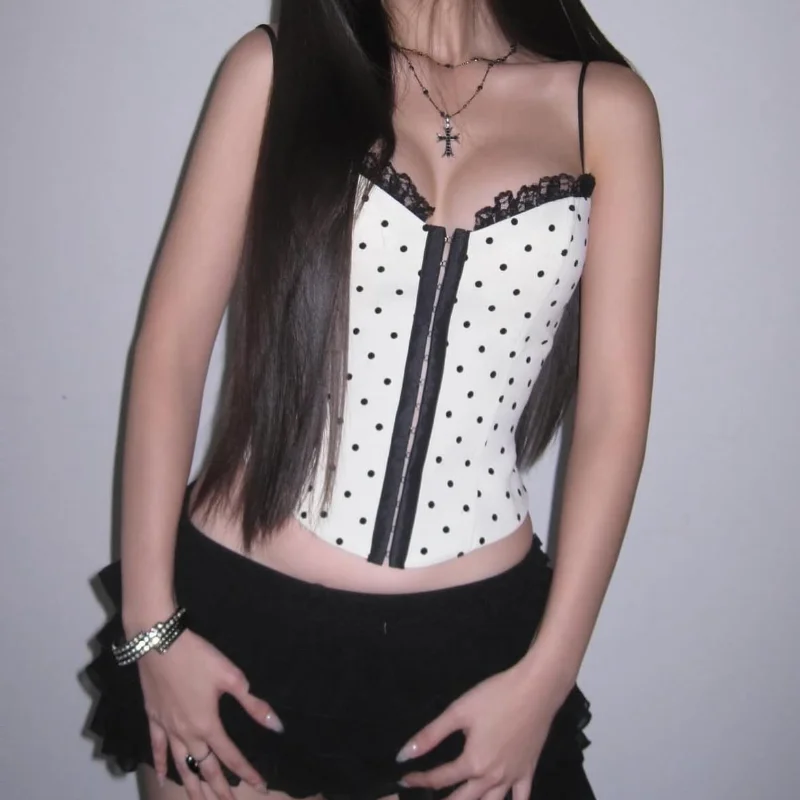 

Sling Sexy Corset Top Women Polka Dot Slim Fit Shirt Zipper Cropped Camisole Short Tank Tops Fashion T-shirt Retro Y2k Clothes
