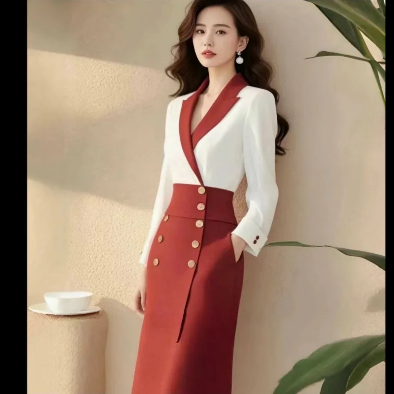 New Fashion Autumn Dress Women Elegant Lapel Long Sleeve Slim Fake Two Piece Formal Dresses Contrast Color Vestidos