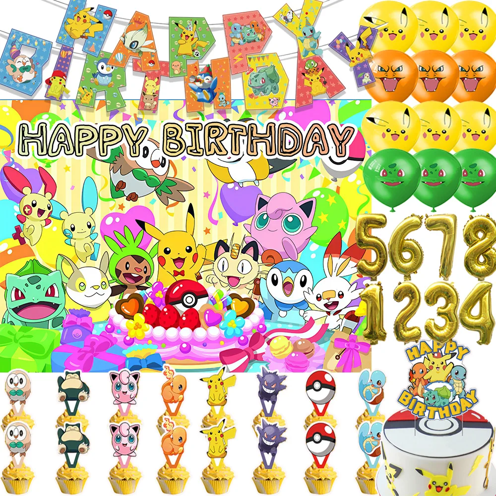 

Pokemon Theme Birthday Party Supplies Decor Cartoon figure Pikachu Balloon Banner Backdrop Cupcake Topper Baby Shower Gifts Prop
