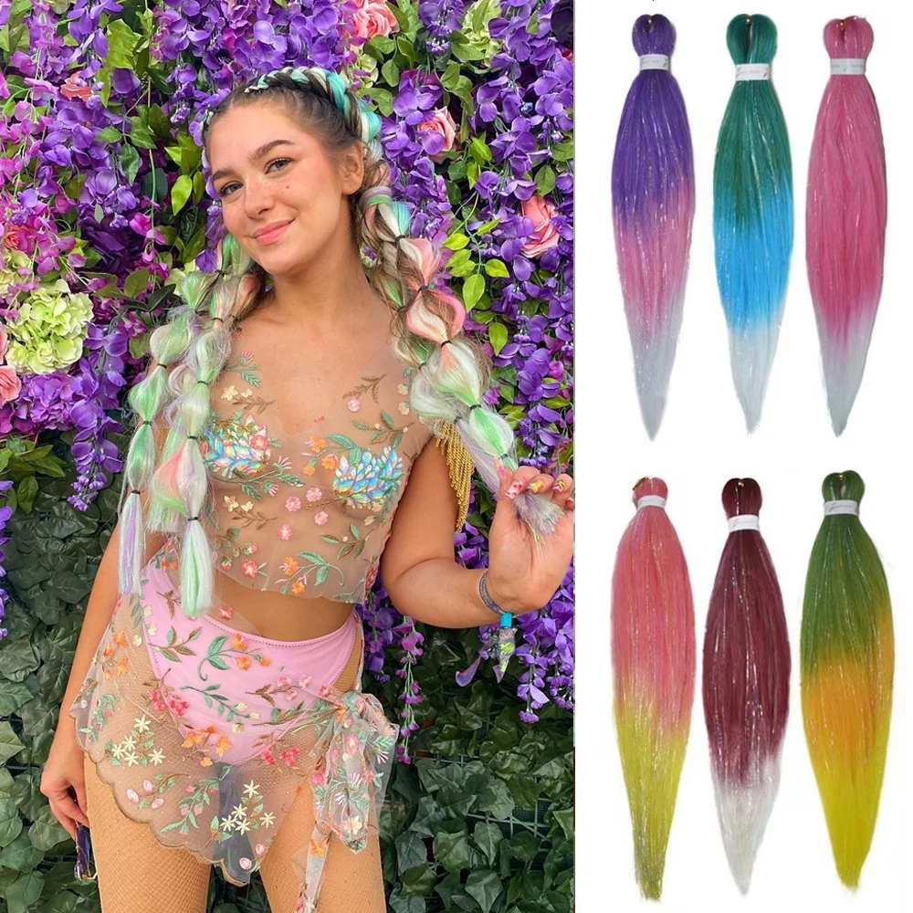 1pc Lametta EZ Zöpfe Ombre gerade Zöpfe mischen Haar Lametta Festival Rave Haar verlängerungen für Mädchen verrückte Haare Tag Zöpfe