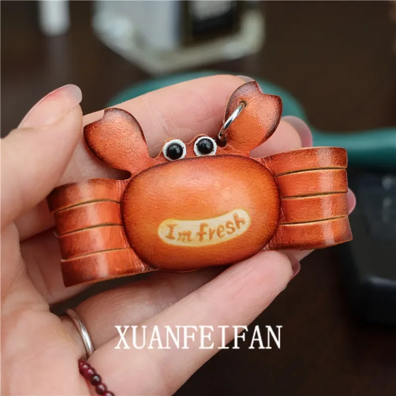 Head Layer Cowhide Leather Creative Small Crab Car Keychain Bag Charm Accessories Cute Crab Personalized Jewelry Gift