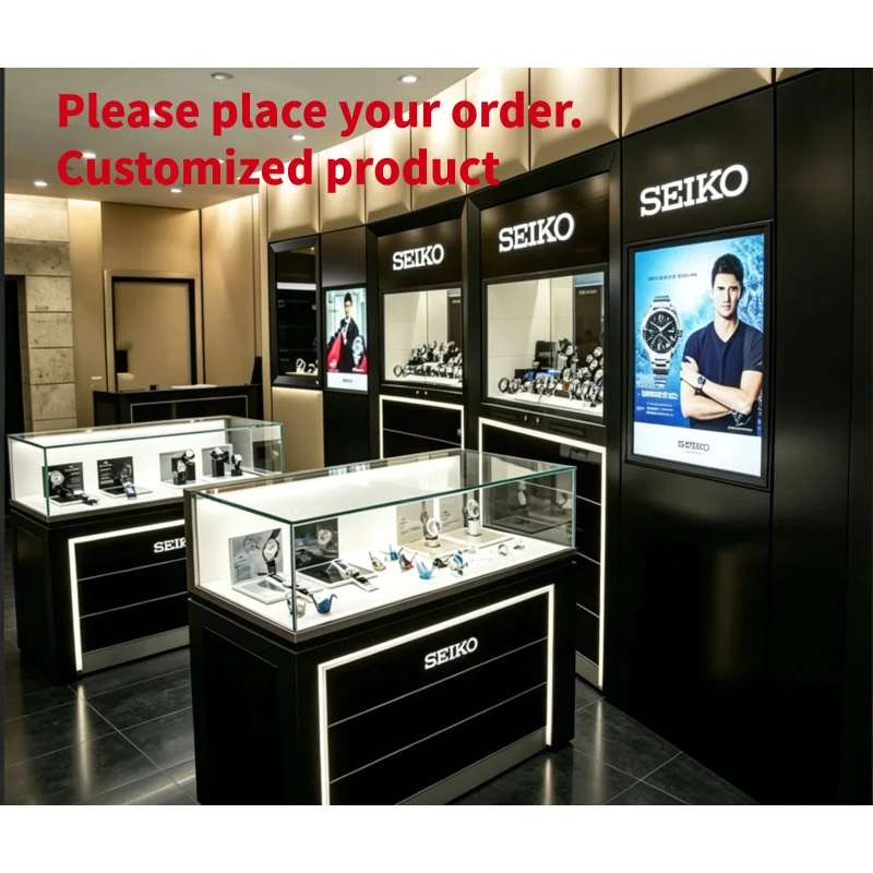 custom.Luxury Watch Display Cabinet High End Black Glass Showcase With LED Light Mall Watch Store Retail Display Furniture