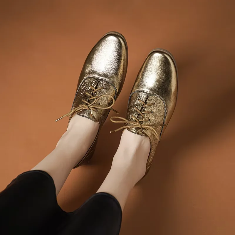 Woman Shoes Sheepskin Spring Simple Shoes Chuny Heel Basic Shoes Round Toe Genuine Leather Golden Black Ladies Shoes