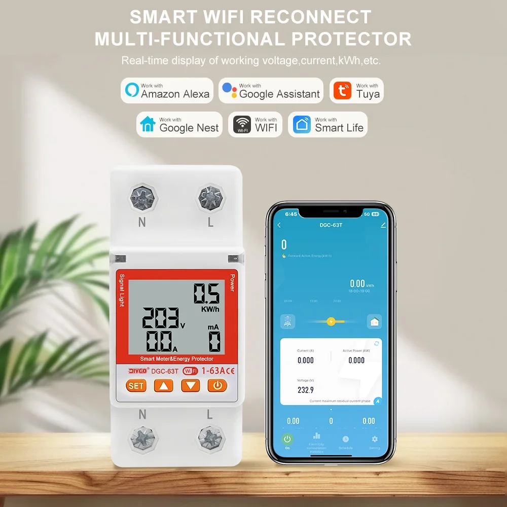 DIYGO Tuya WiFi Smart Leitungsschutzschalter 63A Energiemesser mit Spannungs-, Strom- und Leckageschutz, Timer-Relais-Schalter, Fernsteuerung – Detail 1
