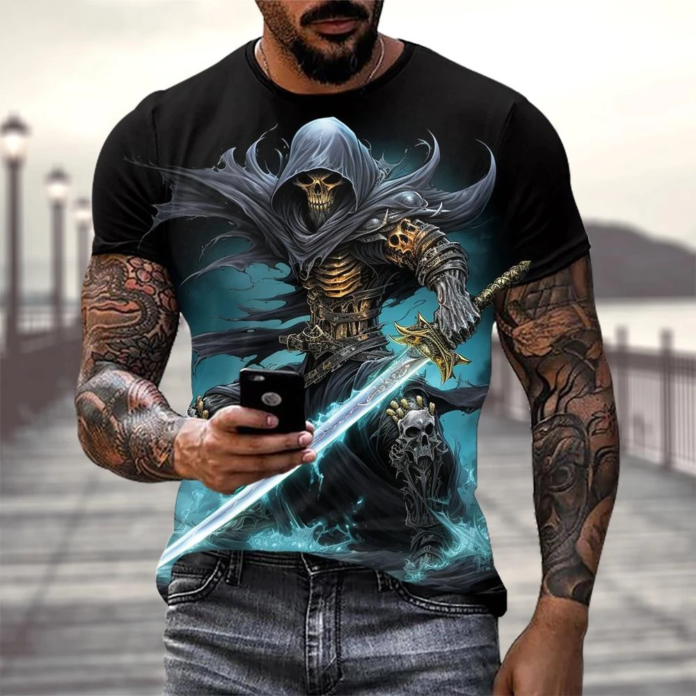 Men\'s Horror Skull Print T-Shirt 3D Print Vintage O-Neck Short Sleeve Fashion Oversized T-Shirts Men\'s Summer Street Clothing