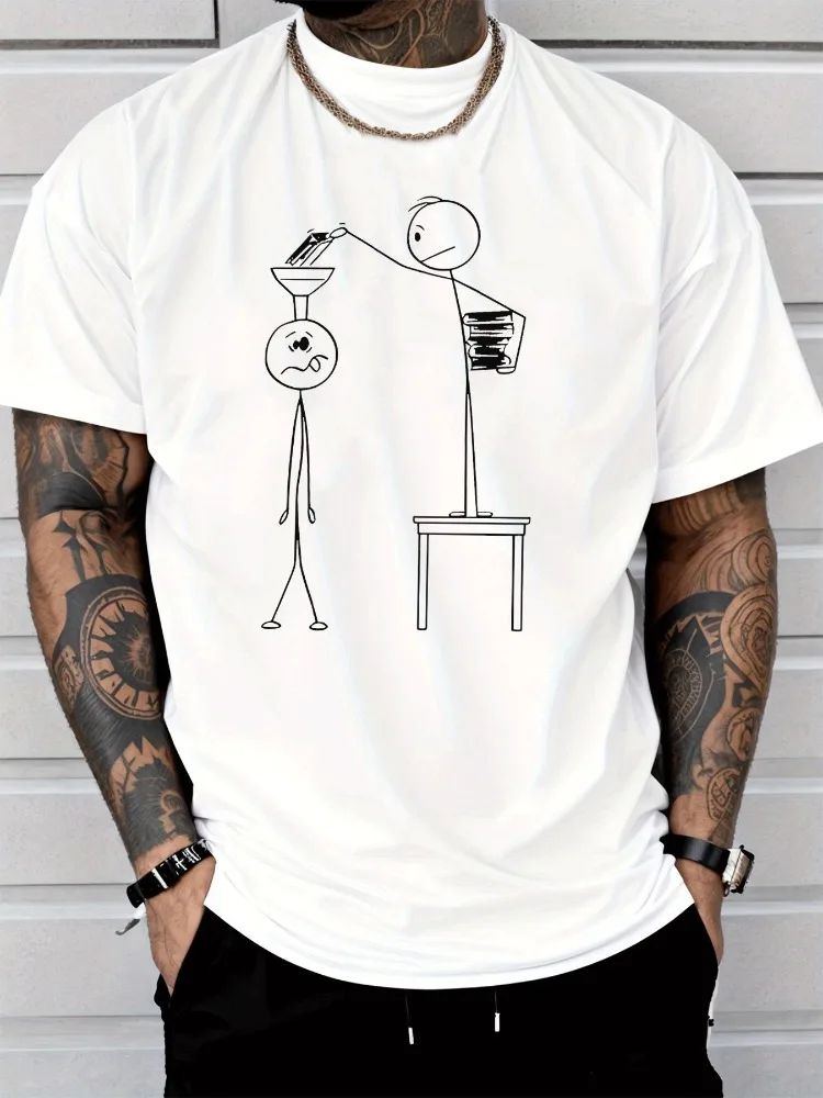 Men Summer Black Short Sleeve Tee Funny Stick Figure Pour Money Print Loose Hip Hop Crew Neck Daily Streetwear Casual Top