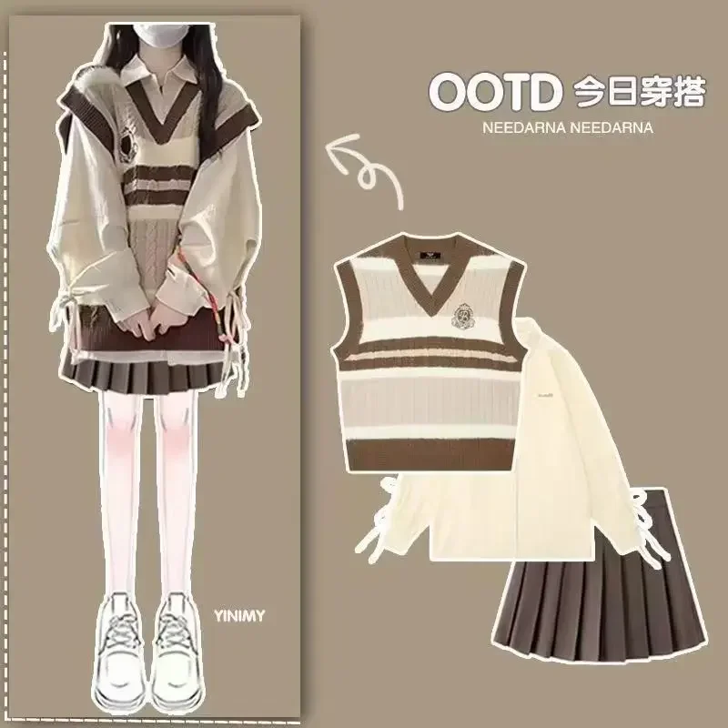 Gentle Lolita 3-Piece Set, Knitted Vest, Pleated Skirt, Japanese and Korean Fashion Edition, Casual, Autumn, New, 2024