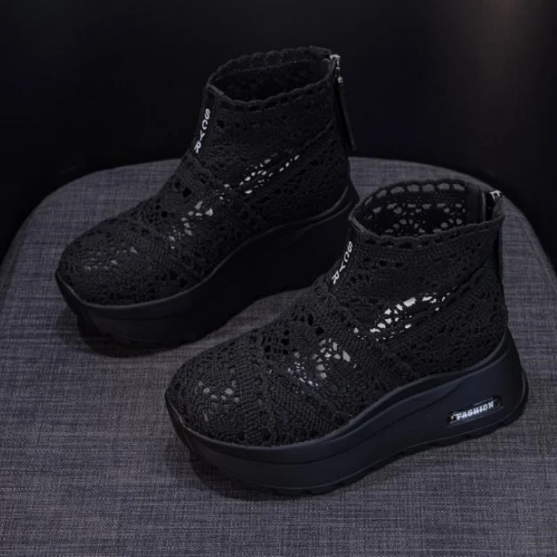 Summer Cool Women's Hollow Out Crochet Thicken Platform Ankle Boots High Wedge Heel Breathable Casual Combat Boots Bottine Shoes