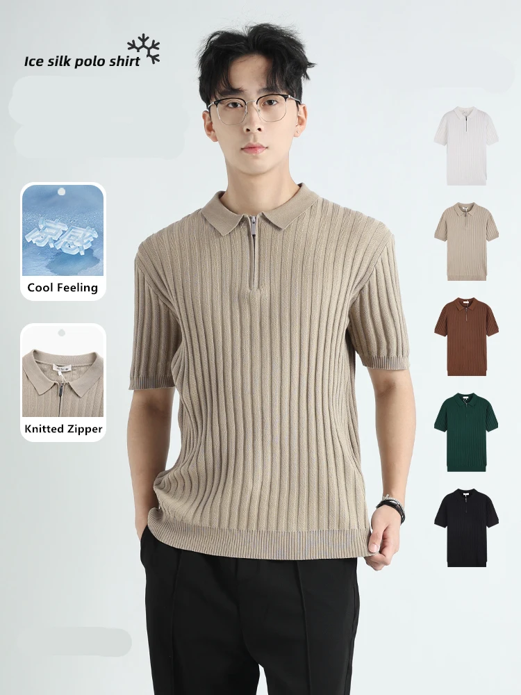 

Ice Silky Knitted Lapel Polo Shirts For Men Short Sleeve Elastic Summer Top Quality Breathable Zipper Designer Camisas De Hombre