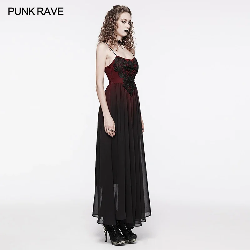 PUNK RAVE Women\'s Gothic Gorgeous Black and Red Gradient Chiffon Slip Dress Party Club Sexy Long DressesTwo Colors Available