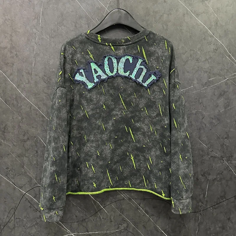 2025 Autumn Heavy Industry New Style Y2k Hoodies Ripped Cartoon Patch Embroidery Crew Neck Sweatshirt For Women Loose Casual Top