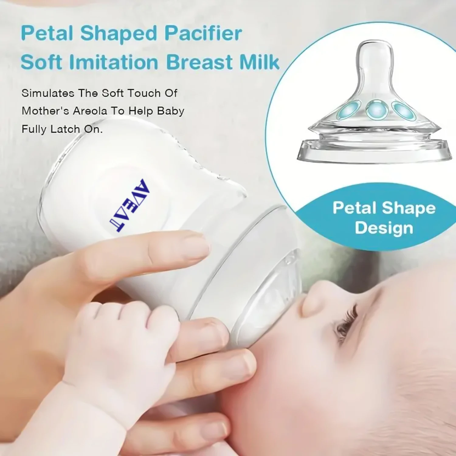 Baby Petal Shaped Bottle with Breastfeeding Nipple, 150/250ml, Food Grade PP Feeding Bottle Drop Resistant